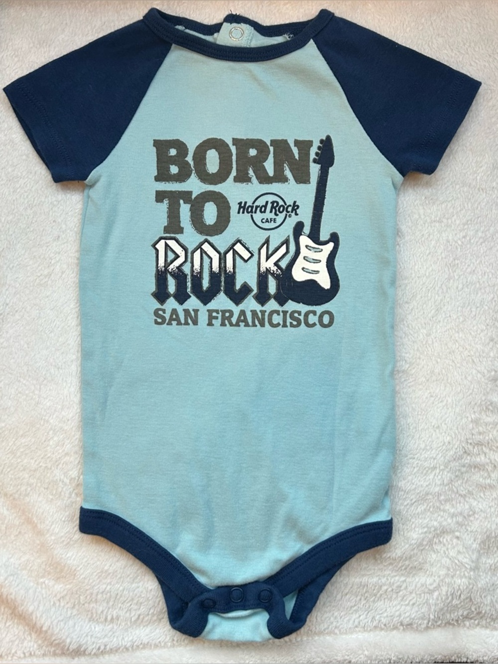 3/$18 Hard Rock Cafe 'Born to Rock' Blue Raglan Baby One-Piece Diaper Shirt 12M